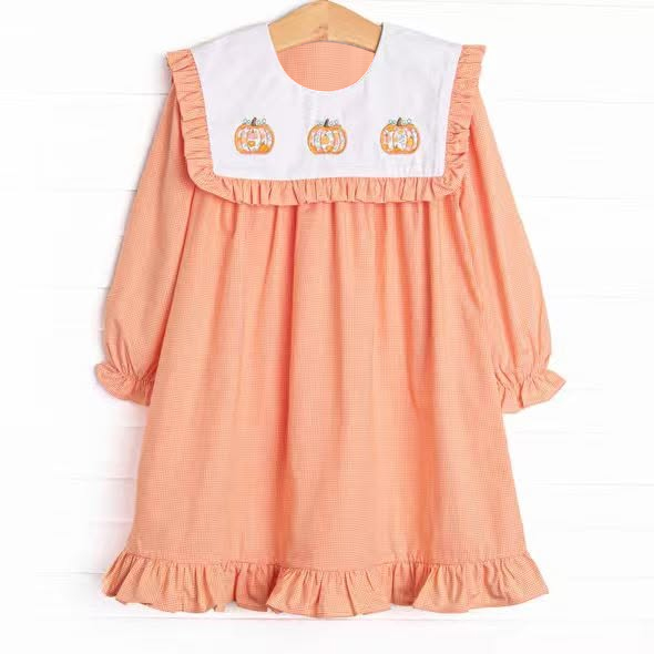 (Preorder new) No moq GLD1645 Baby Girls Long Ruffle Sleeve Pumpkins Fall Ruffle Knee Length Dresses Autumn Casual Dress