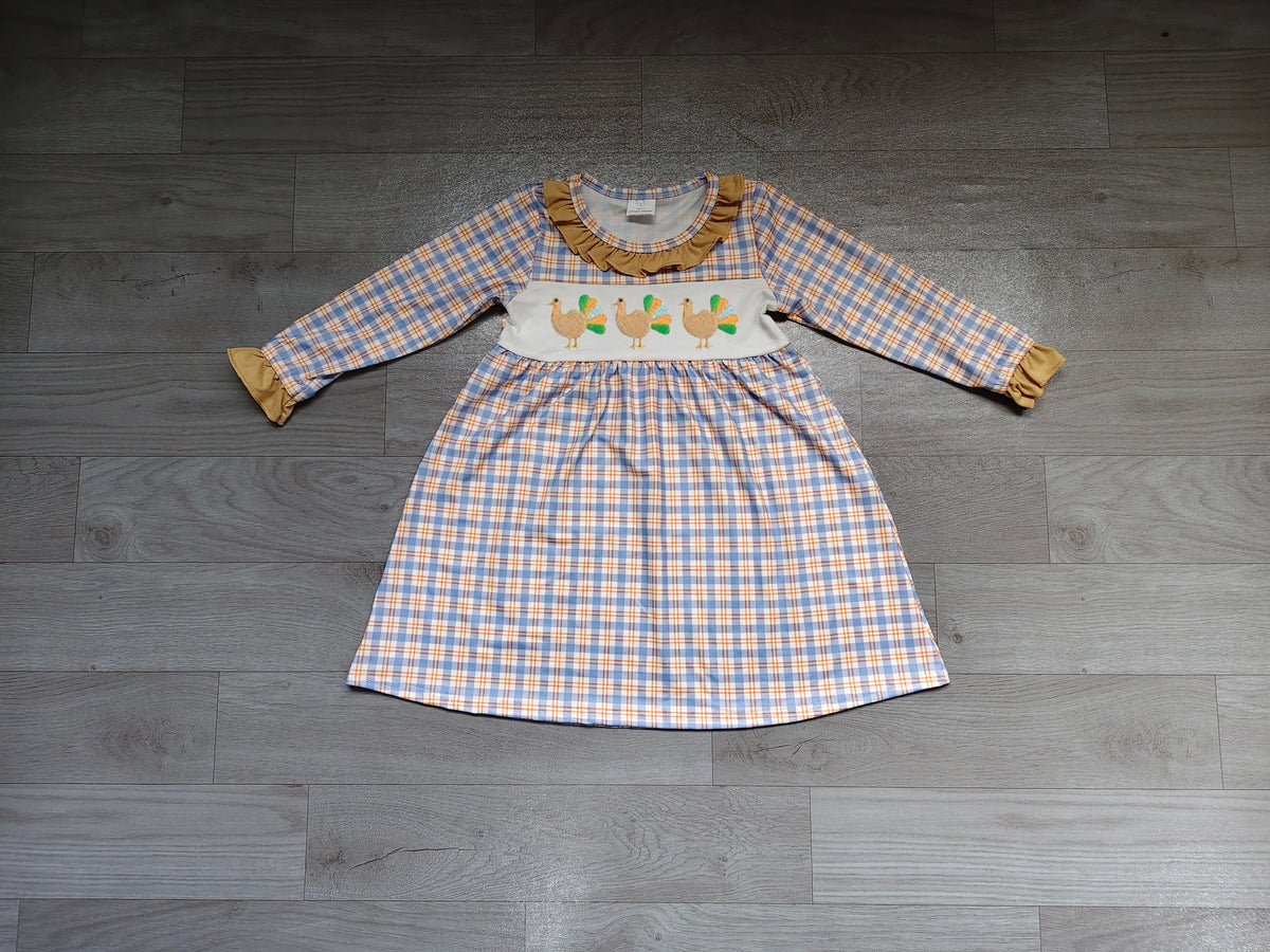 (Sample) No moq milk silk GLD1667 Embroidery Baby Girls Turkey Checked Knee Length Long Sleeve Casual Dress