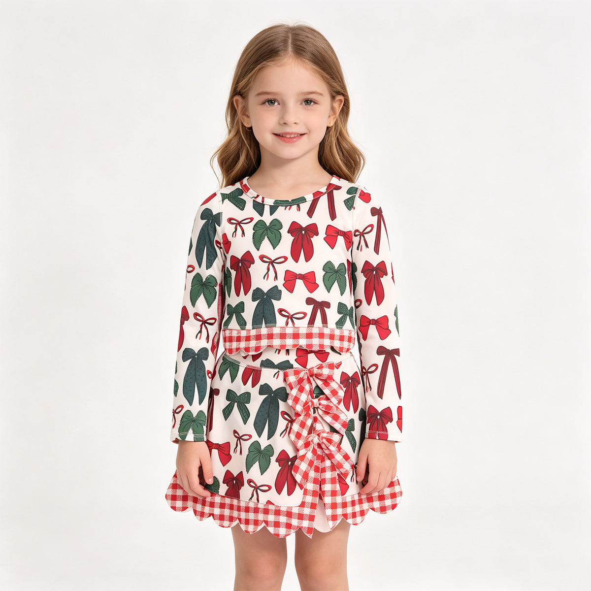 (Sample) No moq Yoga GLD1677 Baby Girls Green Red Bows Top Bows Skirt Short Christmas Yoga Active Scallop Clothes Set