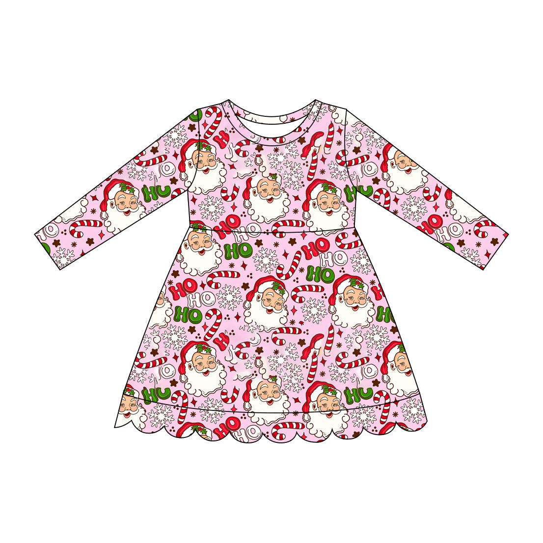 (Preorder new) No moq GLD1681 Baby Girls Candy Cane Santa Print Scallop Trim Long Sleeve Knee Length Christmas Holiday Dress