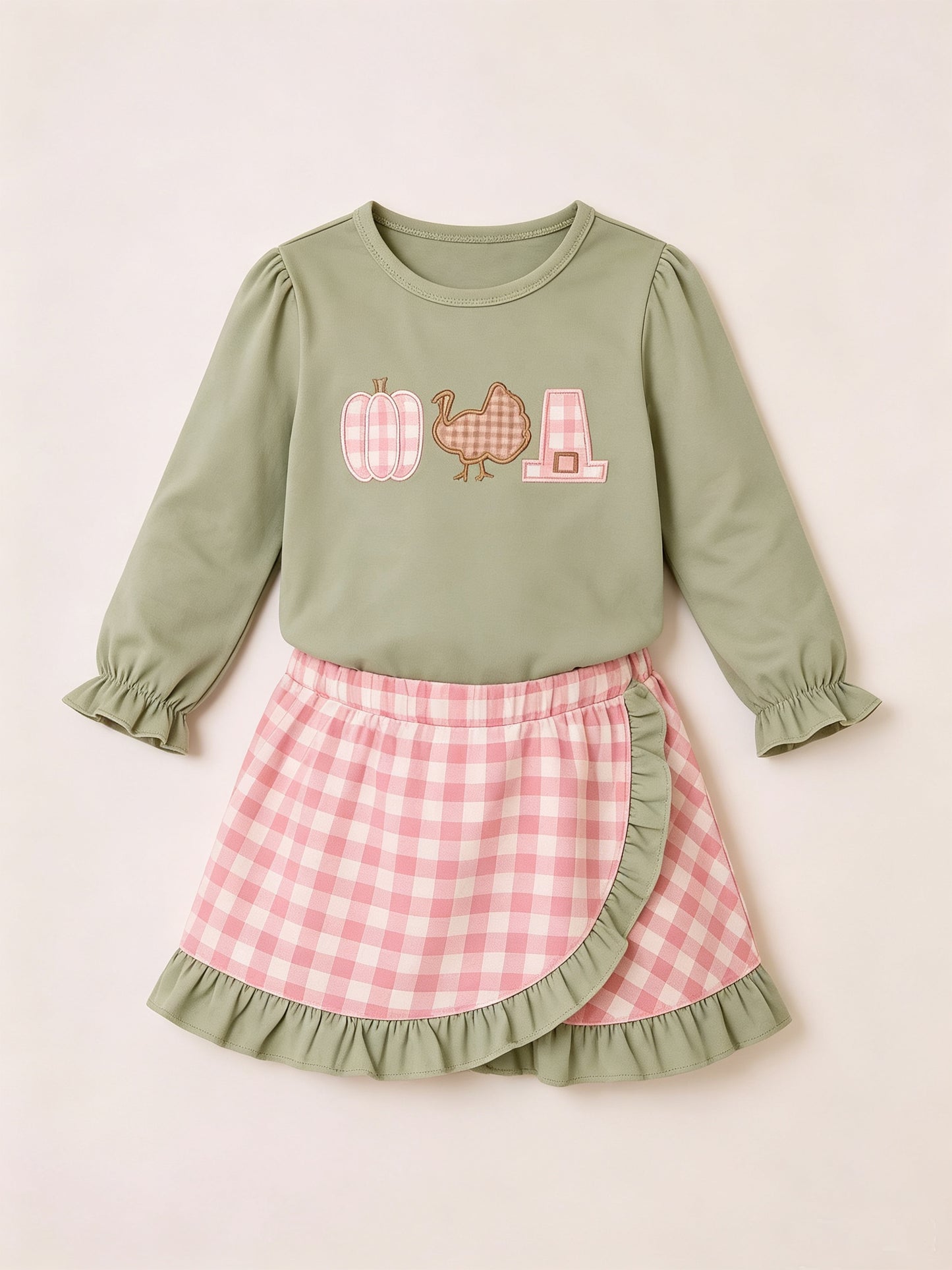 (Preorder new) No moq GLD1684 Baby Girls Green Pumpkin Turkey Print Long Sleeve Top Plaid Skirt Clothes Set