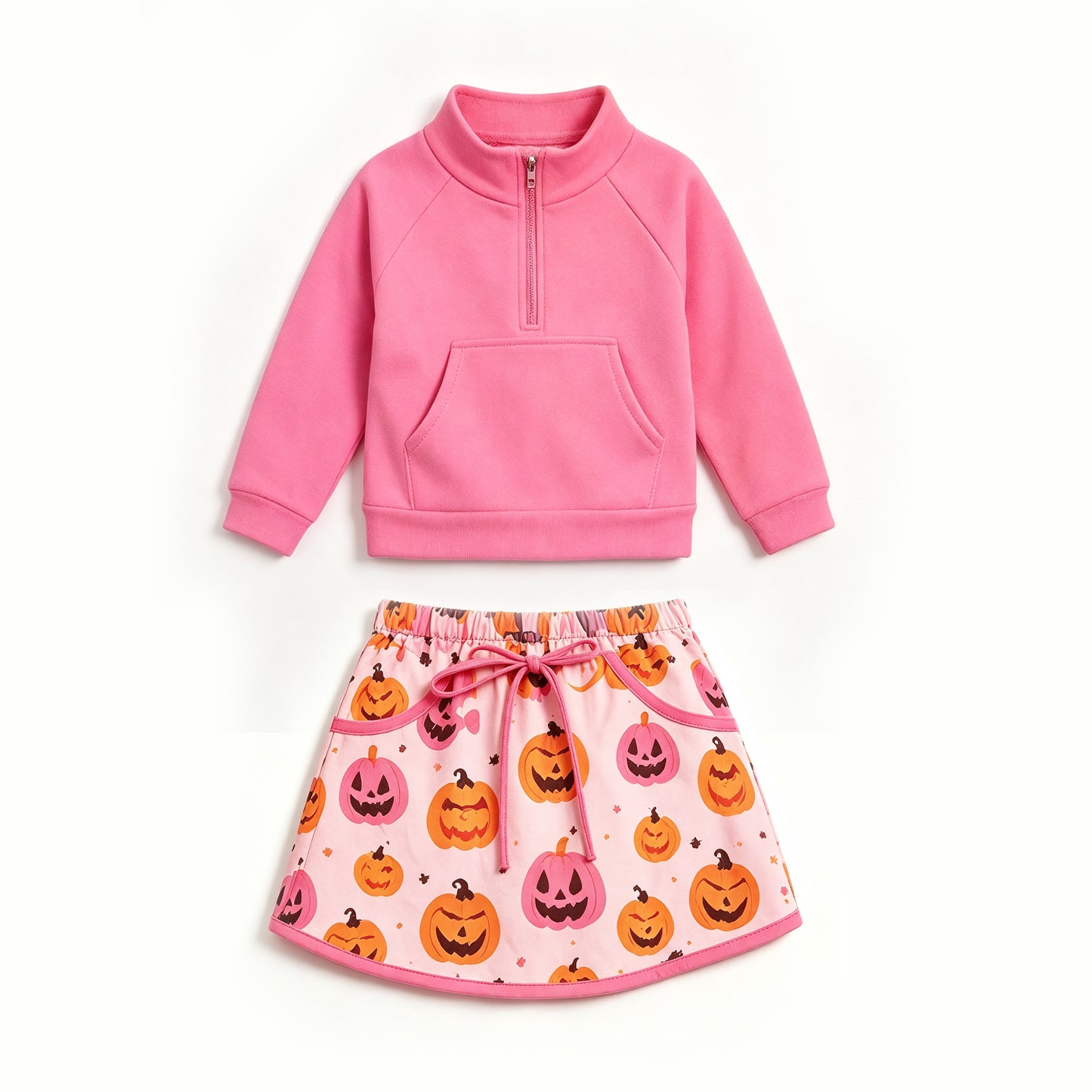 (Preorder new) No moq GLD1685 Yoga Baby Girls Pink Zip Pocket Long Sleeve Top Ghost Pumpkin Print Short Yoga Skirt Halloween Active Outfit