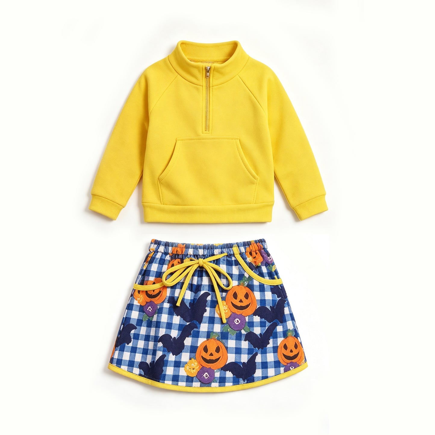 (Preorder new) No moq GLD1686 Yoga Baby Girls Yellow Zip Pocket Long Sleeve Top Ghost Pumpkin Print Short Yoga Skirt Halloween Active Outfit
