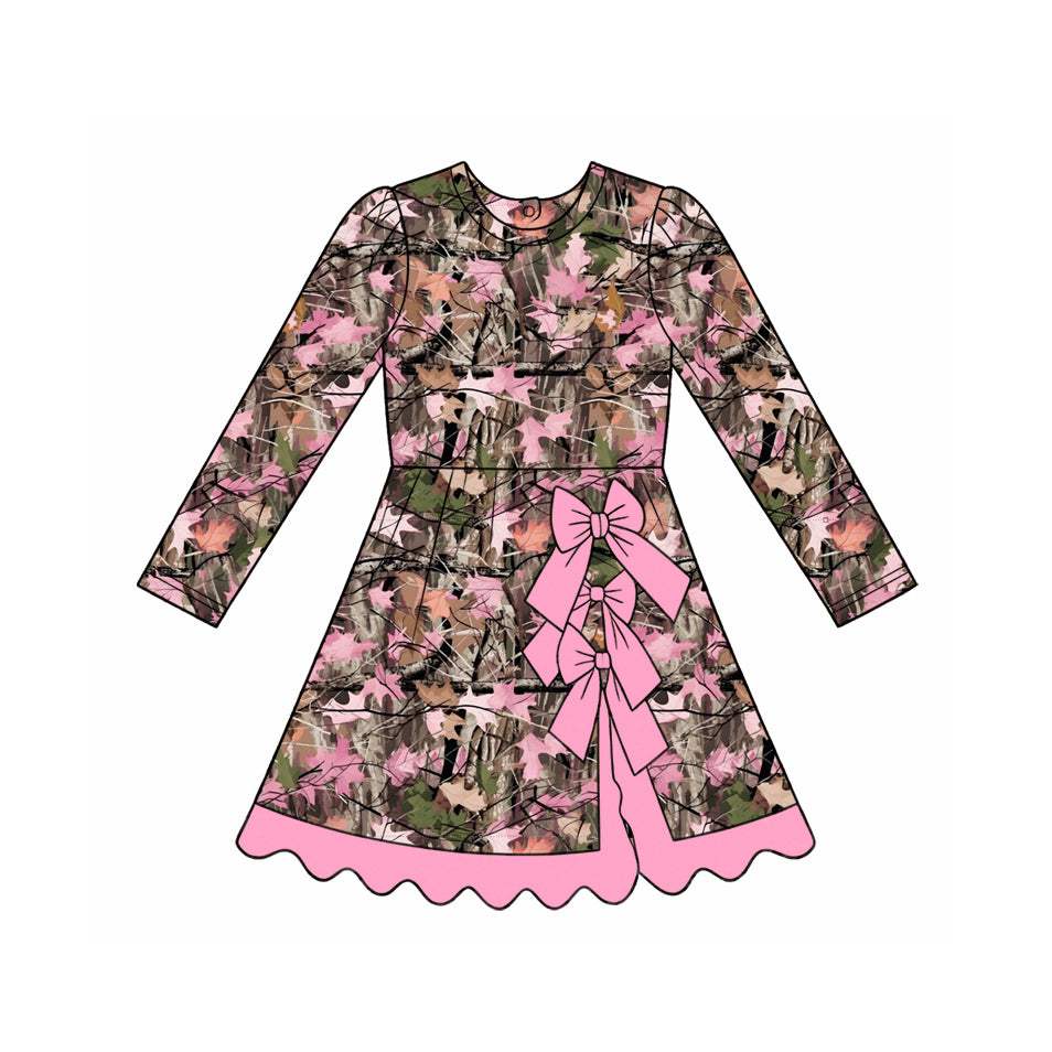 (Preorder new) No moq GLD1689 Yoga Baby Girls Leaves Camo Print Bow Scallop Hem Knee Length Short Sleeve Yoga Active Dress
