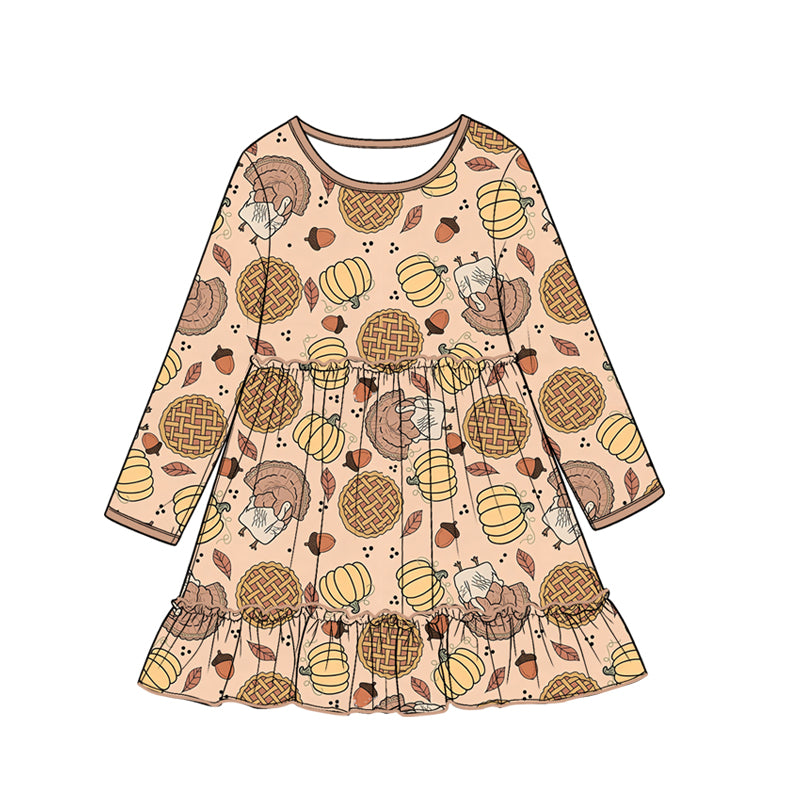 (Preorder new) No moq GLD1691 Baby Girls Banana Print Long Sleeve Knee Length Dress
