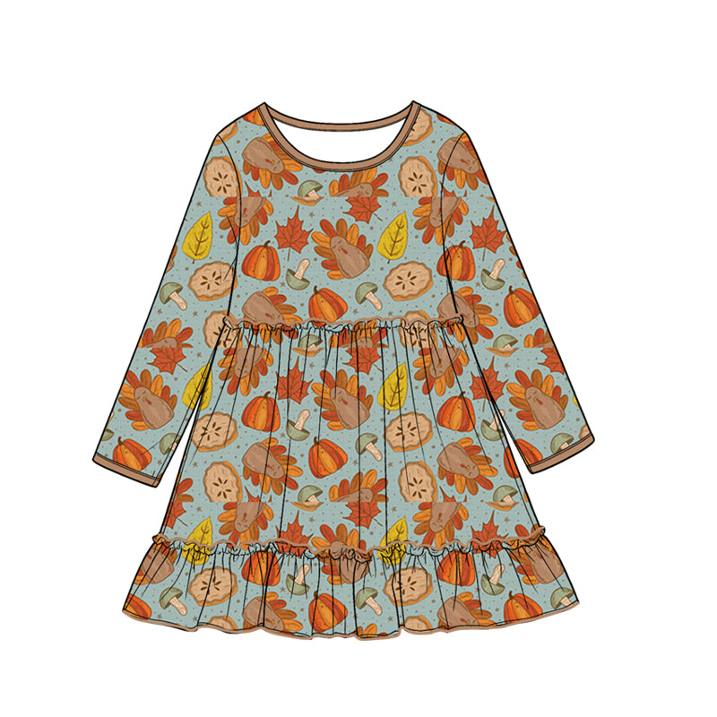 (Preorder new) No moq GLD1692 Baby Girls Turkey Pumpkin Print Long Sleeve Knee Length Dress