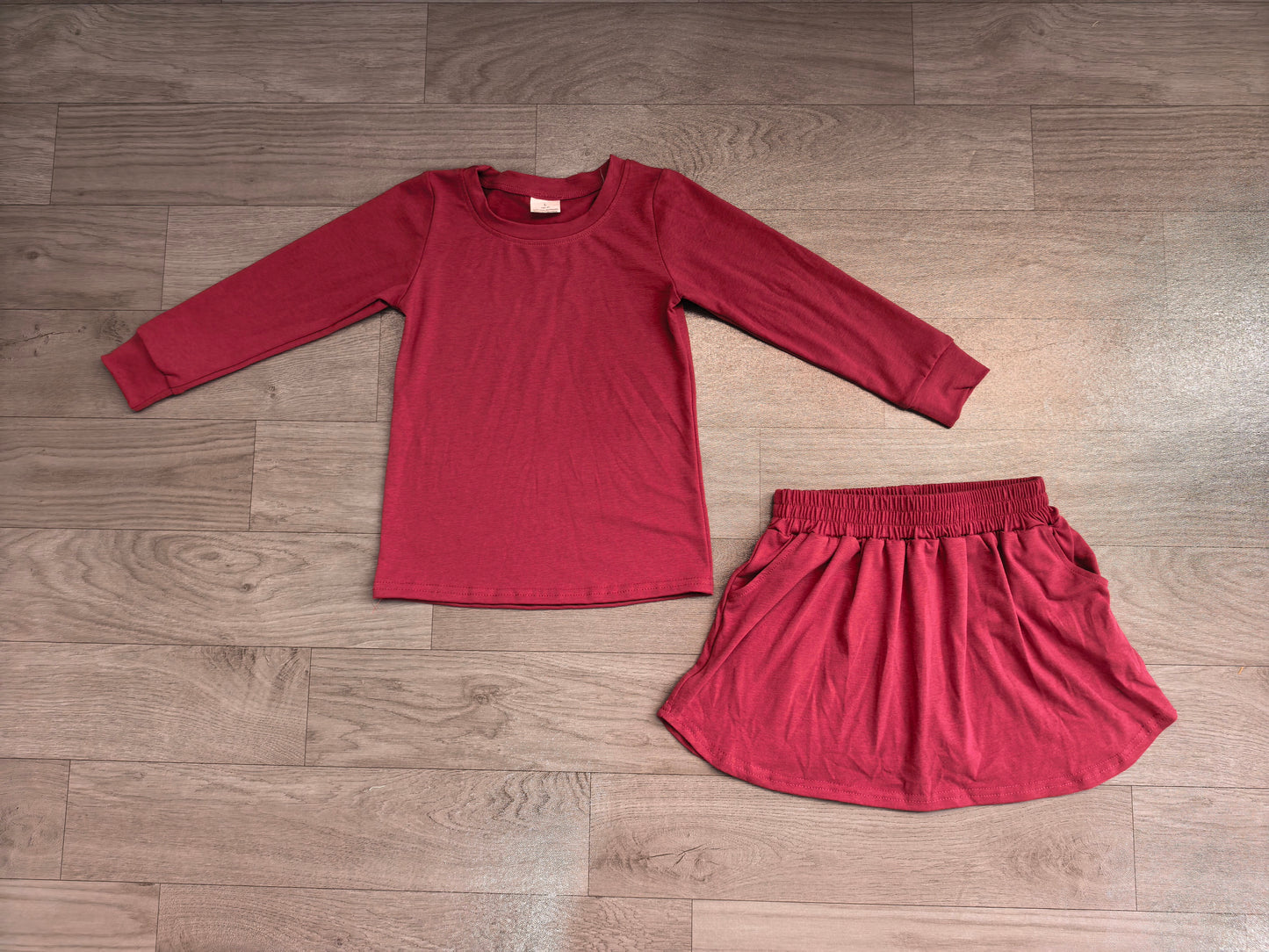 (Sample) No moq cotton GLD1697 Baby Girls Plum Long Sleeve Top Pockets Skirt Short 2Pcs Clothes Sets