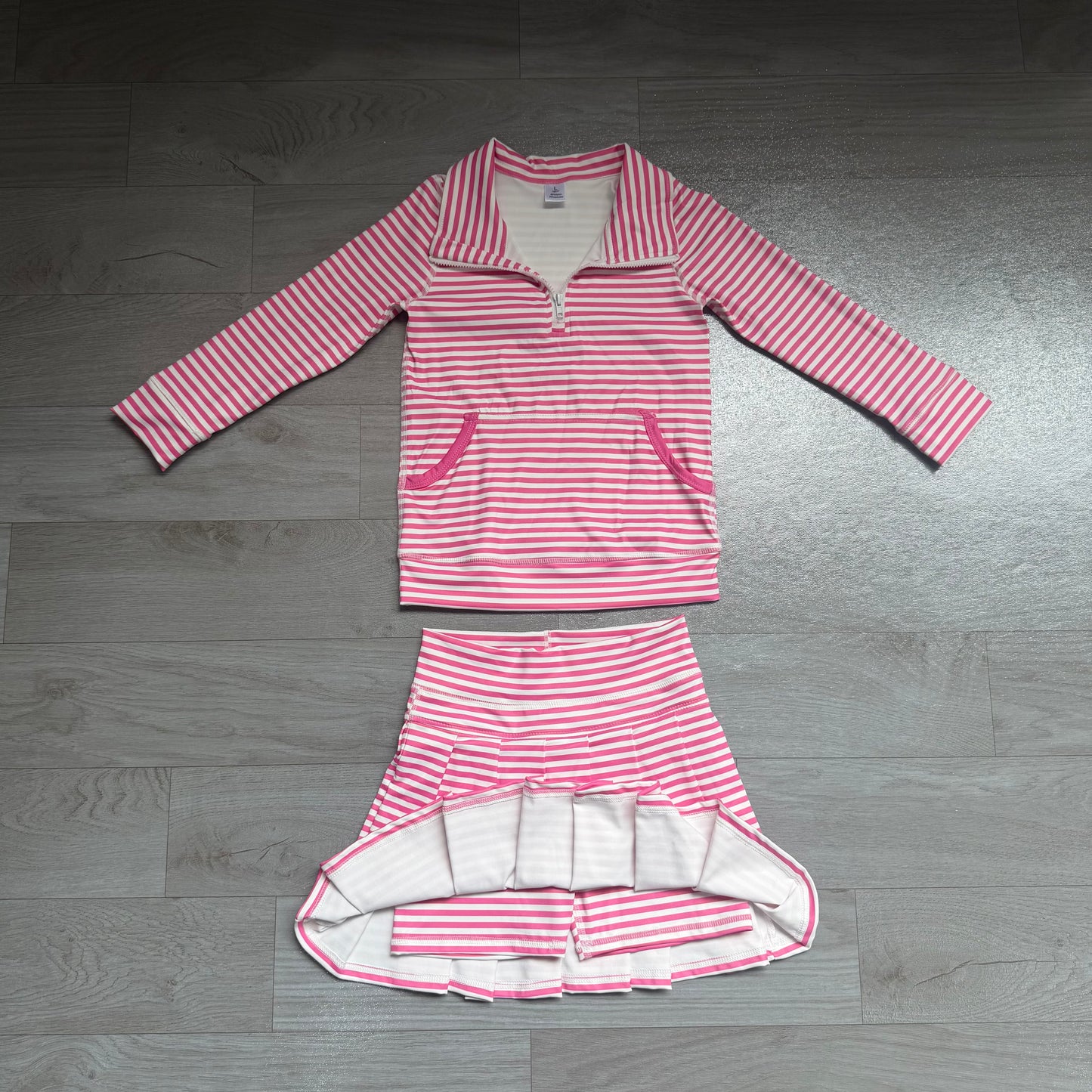 (Sample) No moq yoga fabric GLD1699(GT1783+GLK0335) Yoga Baby Girls Pink White Striped Half Zip Pocket Long Sleeve Top And Skort Yoga Active Clothes Set