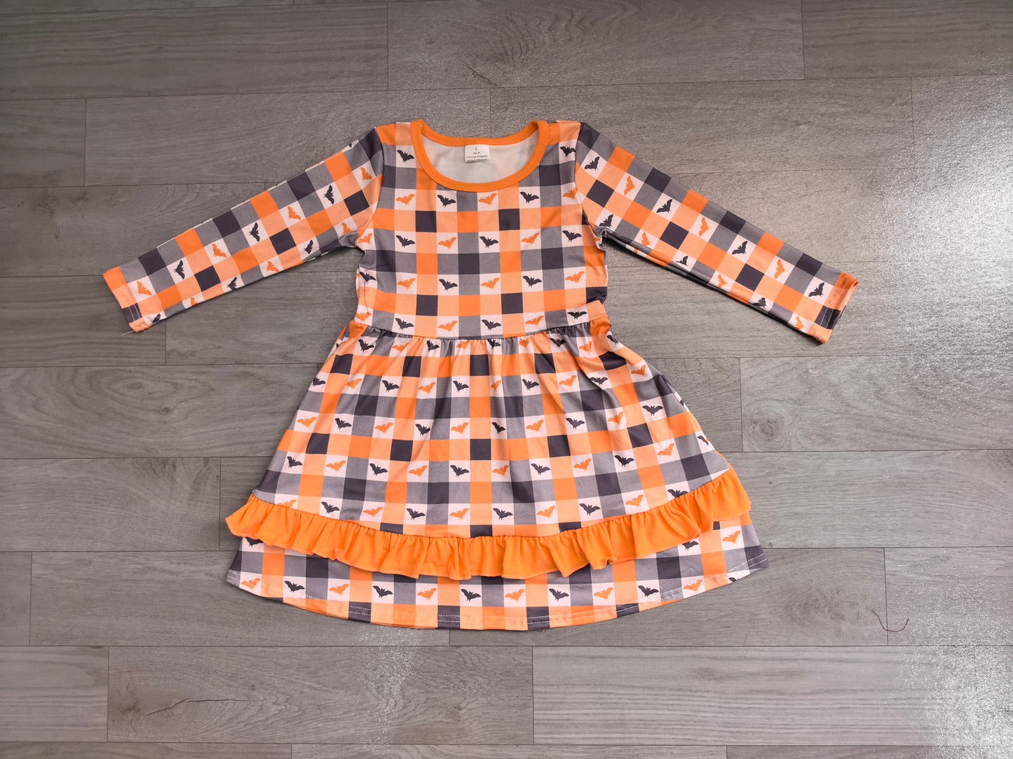 (Sample) No moq milk silk GLD1707 Baby Girls Black White Checked Bat Print Ruffle Hem Knee Length Halloween Dress