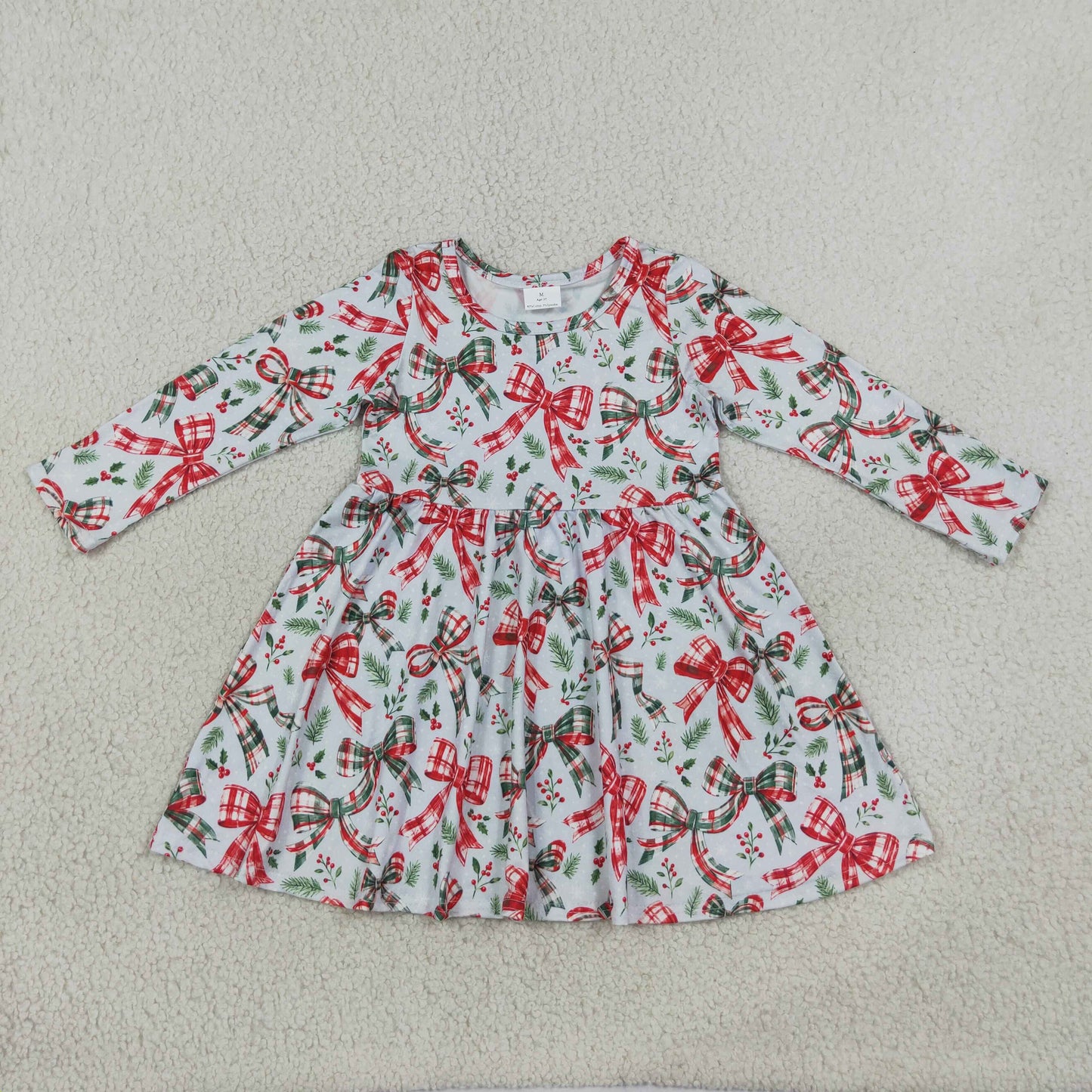 RTS NO MOQ Sibling milk silk Baby Girls Bows Long Sleeve Knee Length Holiday Dress Daily Fall Winter Wear
