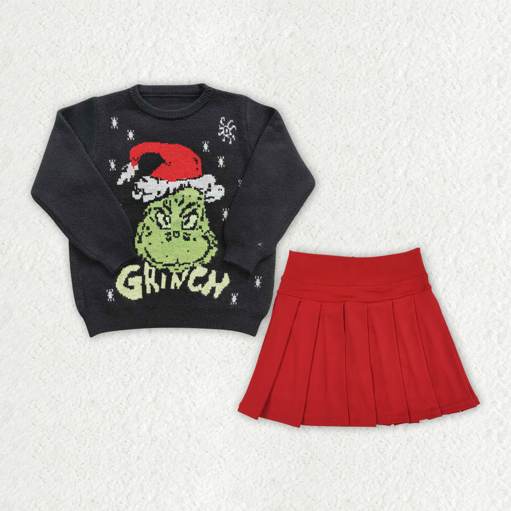 NEW RTS NO MOQ yoga fabric GLD1720(GT0188+GLK0125)Baby Girls Christmas Print Sweater Top Matching Red Pleated Skort Two Piece Clothes Set