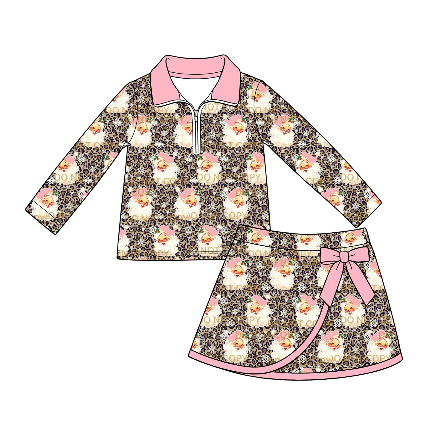 (Preorder new) No moq GLD1722 Baby Girls Pink Collar Half Zip Top Leopard Cute Pink Santa Print Skort With Bow Christmas Outfit Set