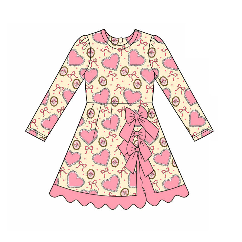 (Preorder new) No moq Baby Girls Pink Heart Bow Cameo Print Ruffle Long Sleeve Top Pants Set Dress
