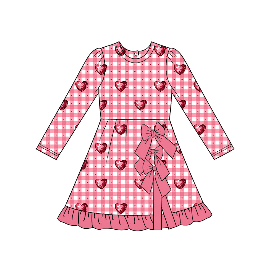 (Preorder new) No moq GLD1750 Yoga Baby Girls Valentines Day Long Sleeve Dress Checked Heart Print Bow Ruffle Hem Yoga Active Dress