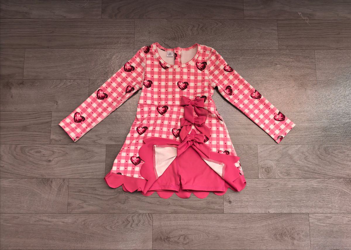 (Sample) No moq yoga fabric GLD1750 Yoga Baby Girls Valentines Day Long Sleeve Dress Checked Heart Print Bow Ruffle Hem Yoga Active Dress