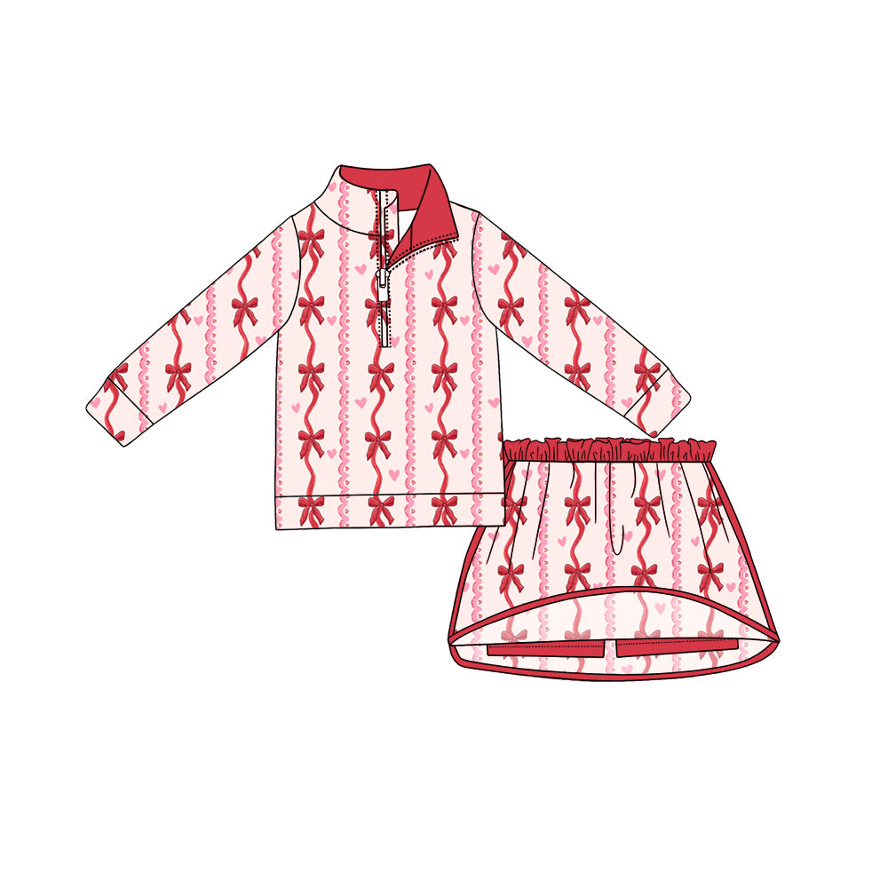 (Preorder new) No moq GLD1751 Baby Girls Bow Heart Print Zip Pullover Skirt Short Valentines Day Outfits