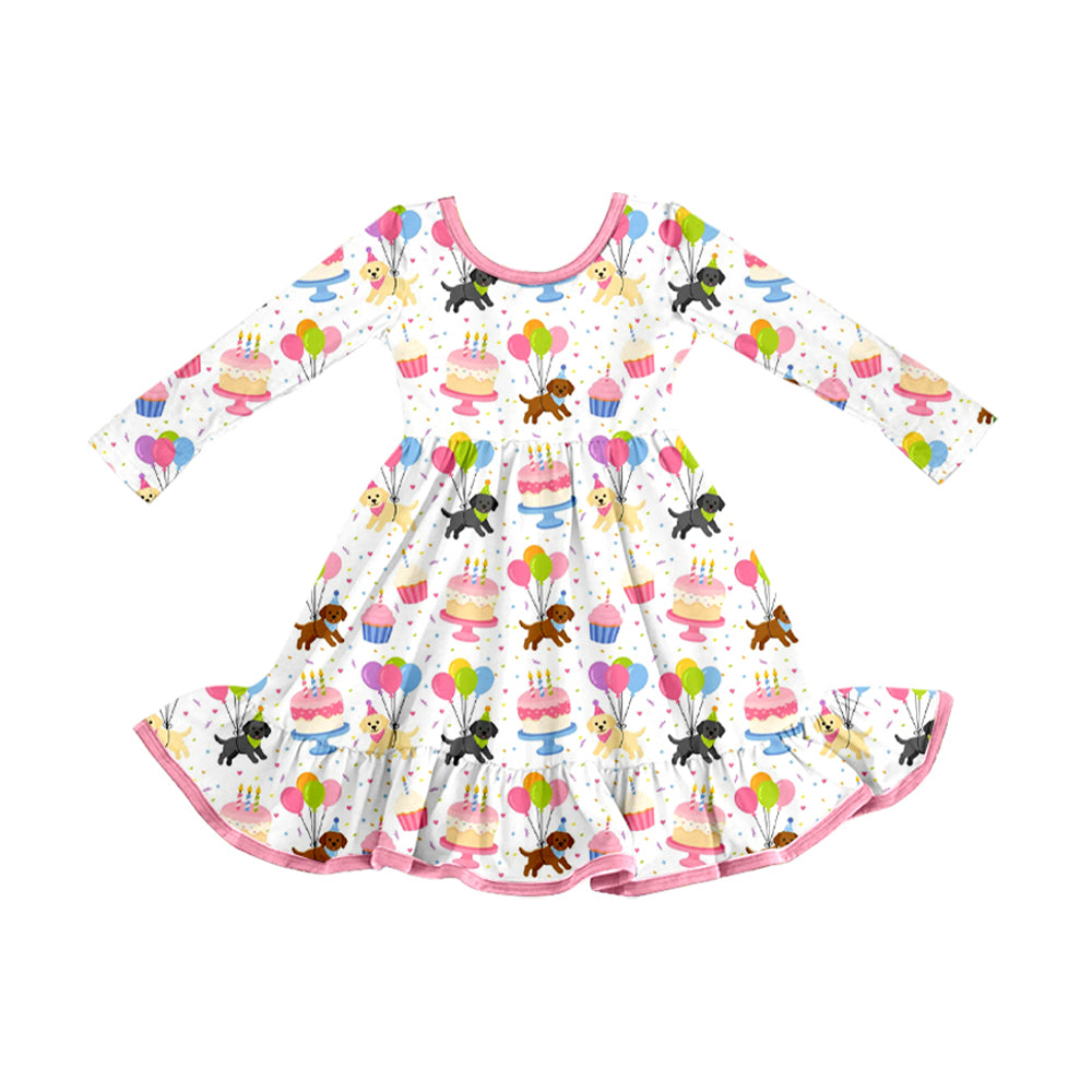 (Preorder new) No moq GLD1753 Baby Girls Birthday Party Long Sleeve Dress Cute Dog Cake Print Pink Trim Ruffle Hem Dress