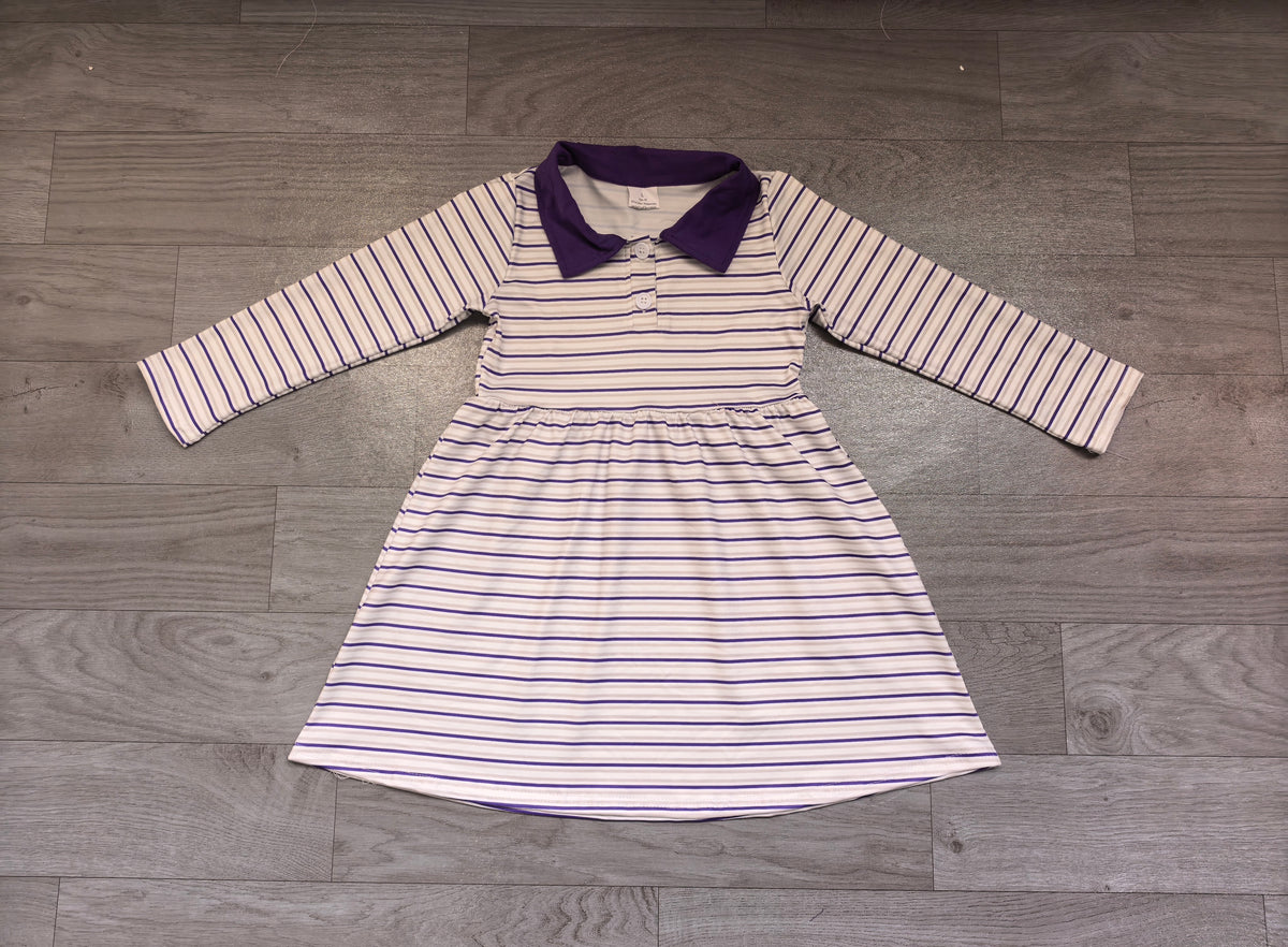 (Sample) No moq milk silk GLD1757 Baby Girls Long Sleeve Stripe Button Knee Length Dress