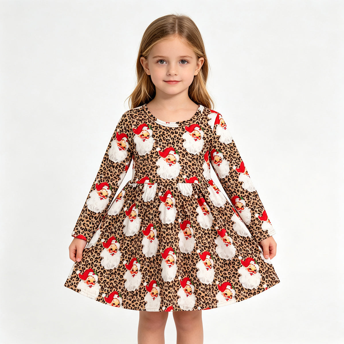 (Sample) No moq milk silk GLD1761 Baby Girls Long Sleeve Leopard Santa Christmas Knee Length Dress