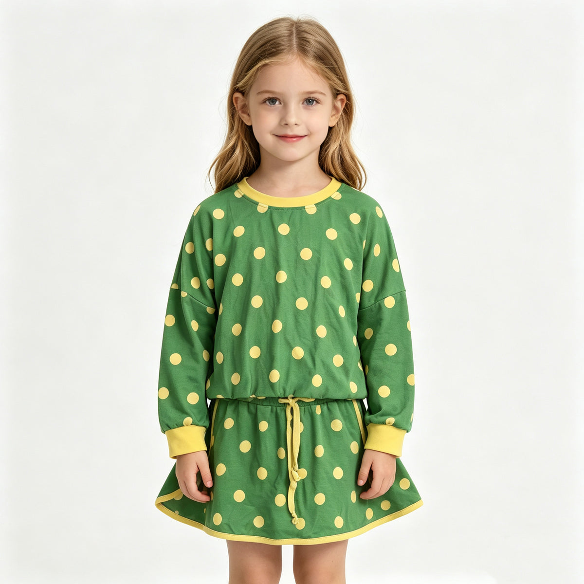 (Sample) No moq milk silk GLD1764 Baby Girls Green Polka Dot Long Sleeve Sweatshirt And Drawstring Skort Set