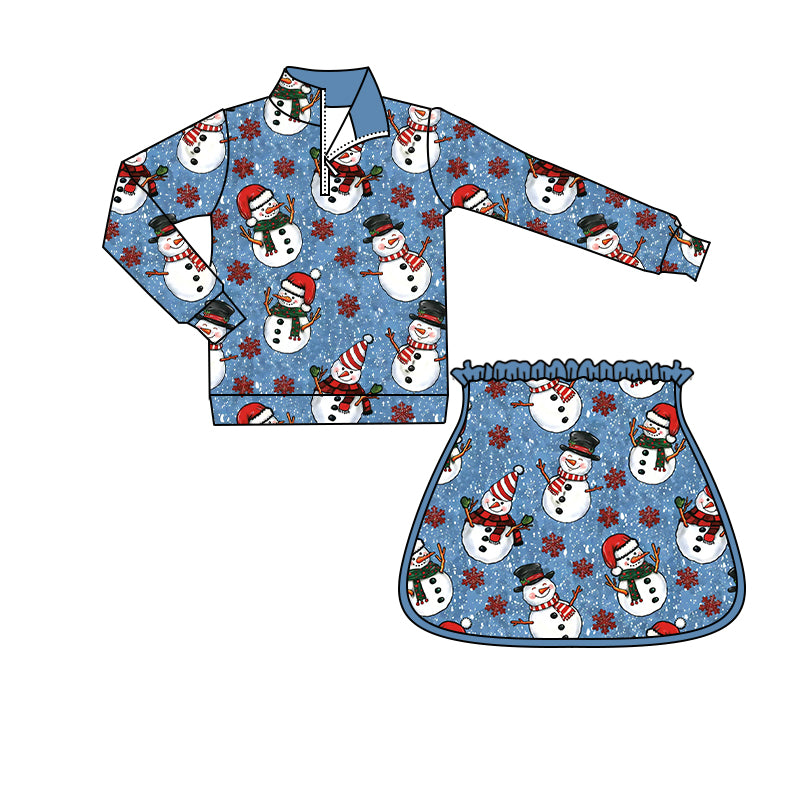 (Preorder new) No moq GLD1768 Baby Girls Snowmen Zip Pullovers Skirt Shorts Christmas Clothes Set Fall Winter Holiday Two Piece Outfit