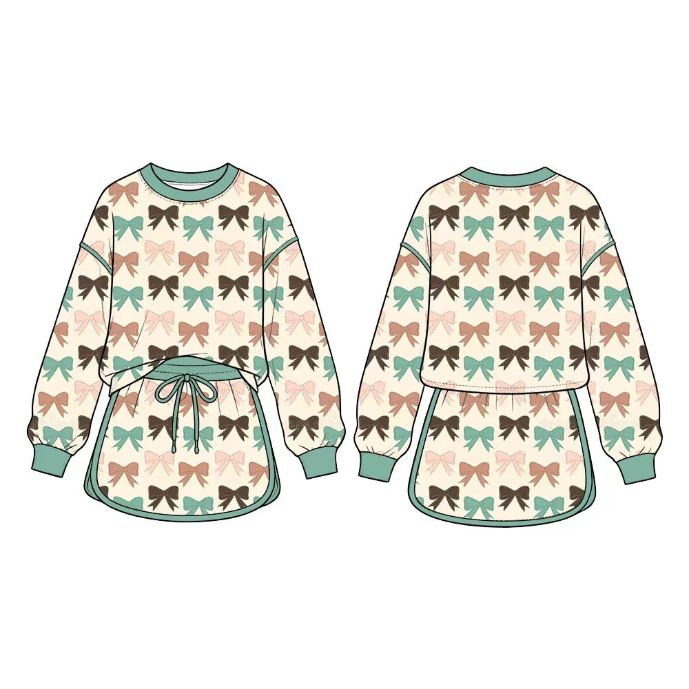 (Preorder new) No moq Baby Girls Bows Print Long Sleeve Top Skirt Short Clothes Set Fall Casual Outfit