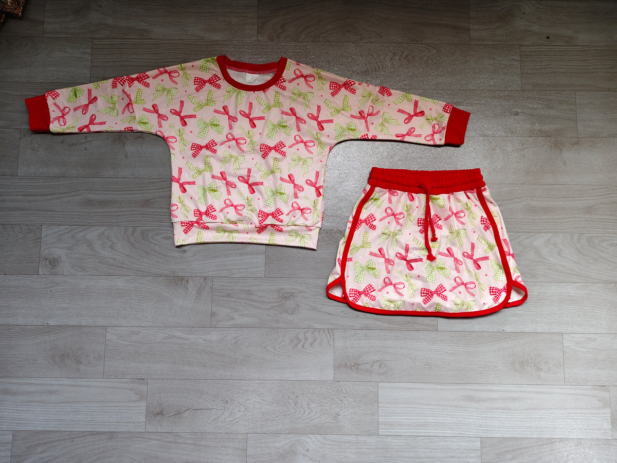 (Sample) No moq milk silk GLD1774 Baby Girls Long Sleeve Colorful Bows Top Skort Short Set