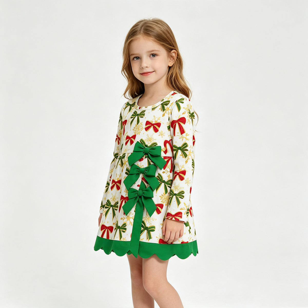 (Sample) No moq yoga fabric GLD1781 Yoga Baby Girls Green Red Bows Christmas Yoga Active Short Scallop Knee Length Dress