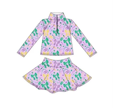 (Preorder new) No moq GLD1792 Yoga Baby Girls Bows Mask Zip Pullover Skirt Short Yoga Clothes Set