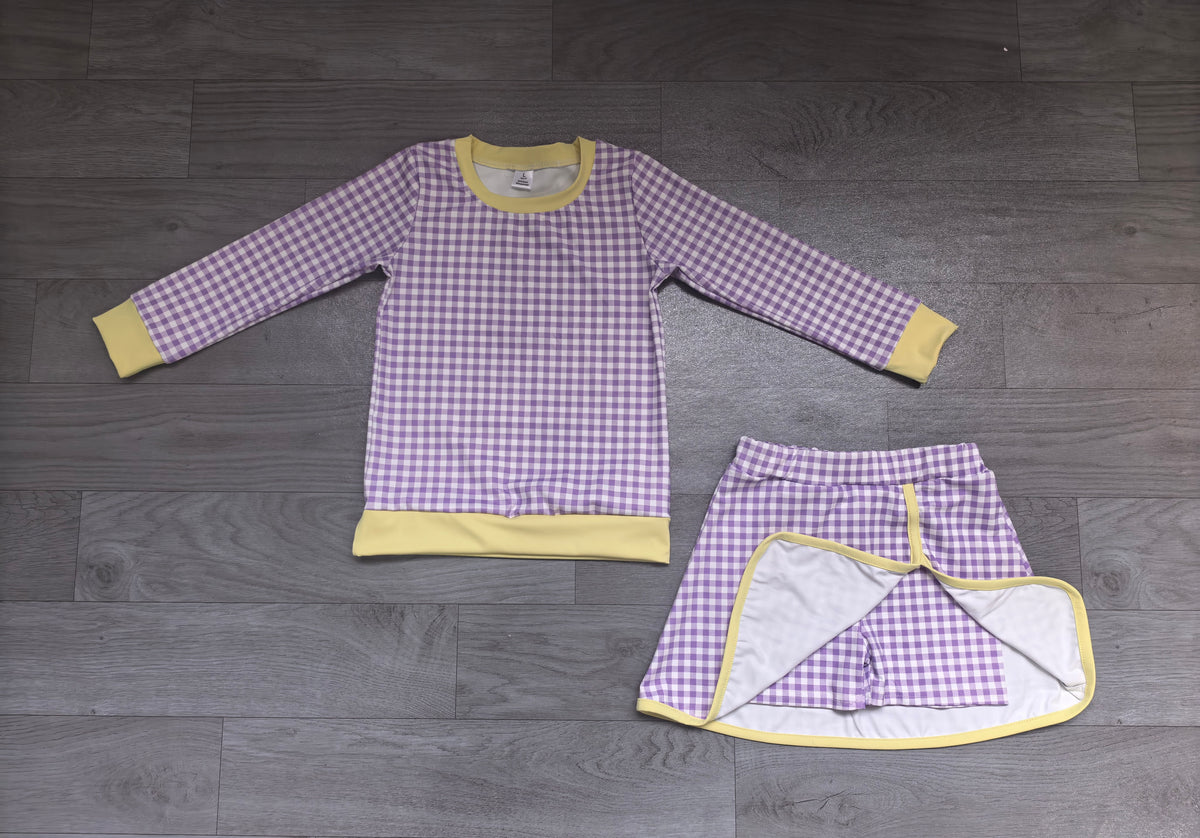 (Sample) No moq yoga fabric GLD1799(GT1923+GLK0342)Yoga Baby Girls Purple Checked Long Sleeve Top Skirt Short Yoga Active Clothes Set Casual Wear