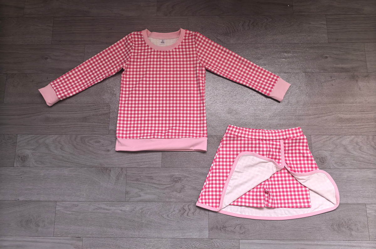 (Sample) No moq yoga fabric GLD1801(GT1925+GLK0344)Yoga Baby Girls Pink Checked Long Sleeve Top Skirt Short Yoga Set Casual Wear