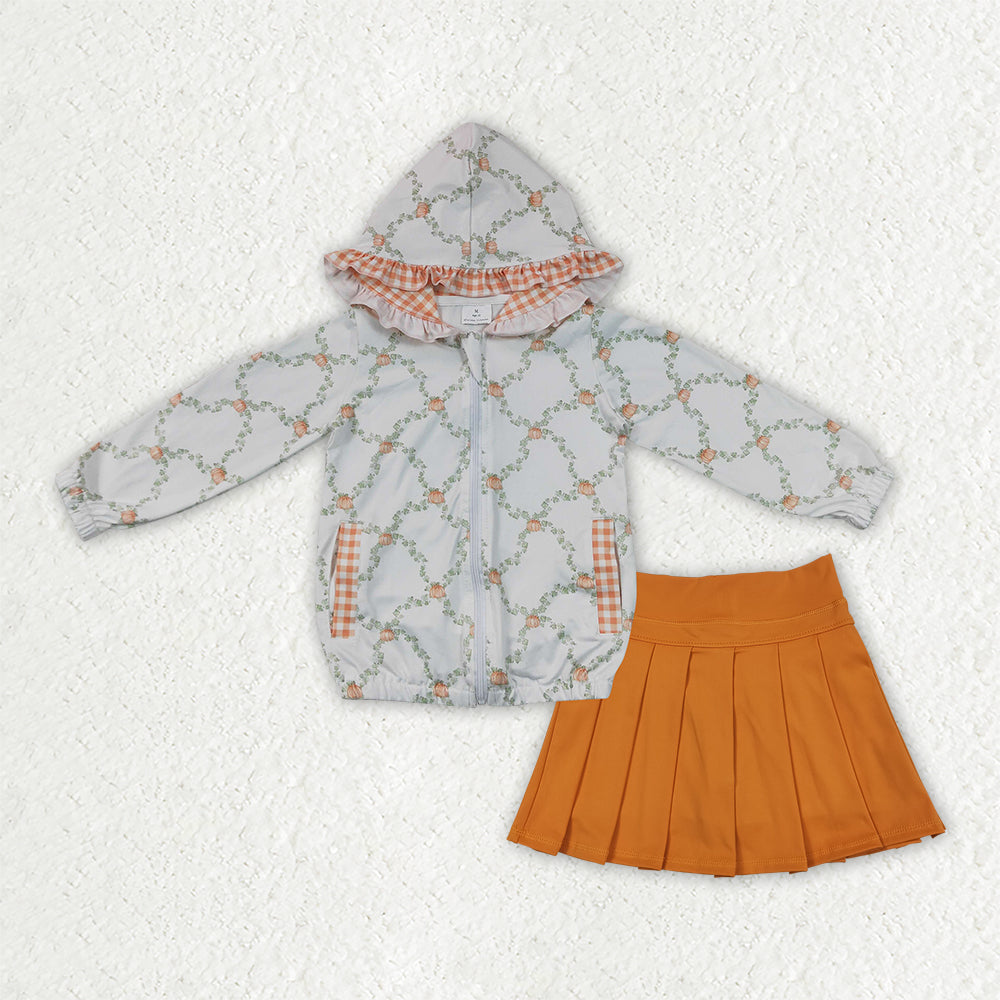 NEW RTS NO MOQ yoga fabric GLD1816(GT1662+GLK0109)Yoga Baby Girls Floral Vine Print Ruffle Hood Zip Jacket And Solid Orange Pleated Skirt Fall Clothes Set