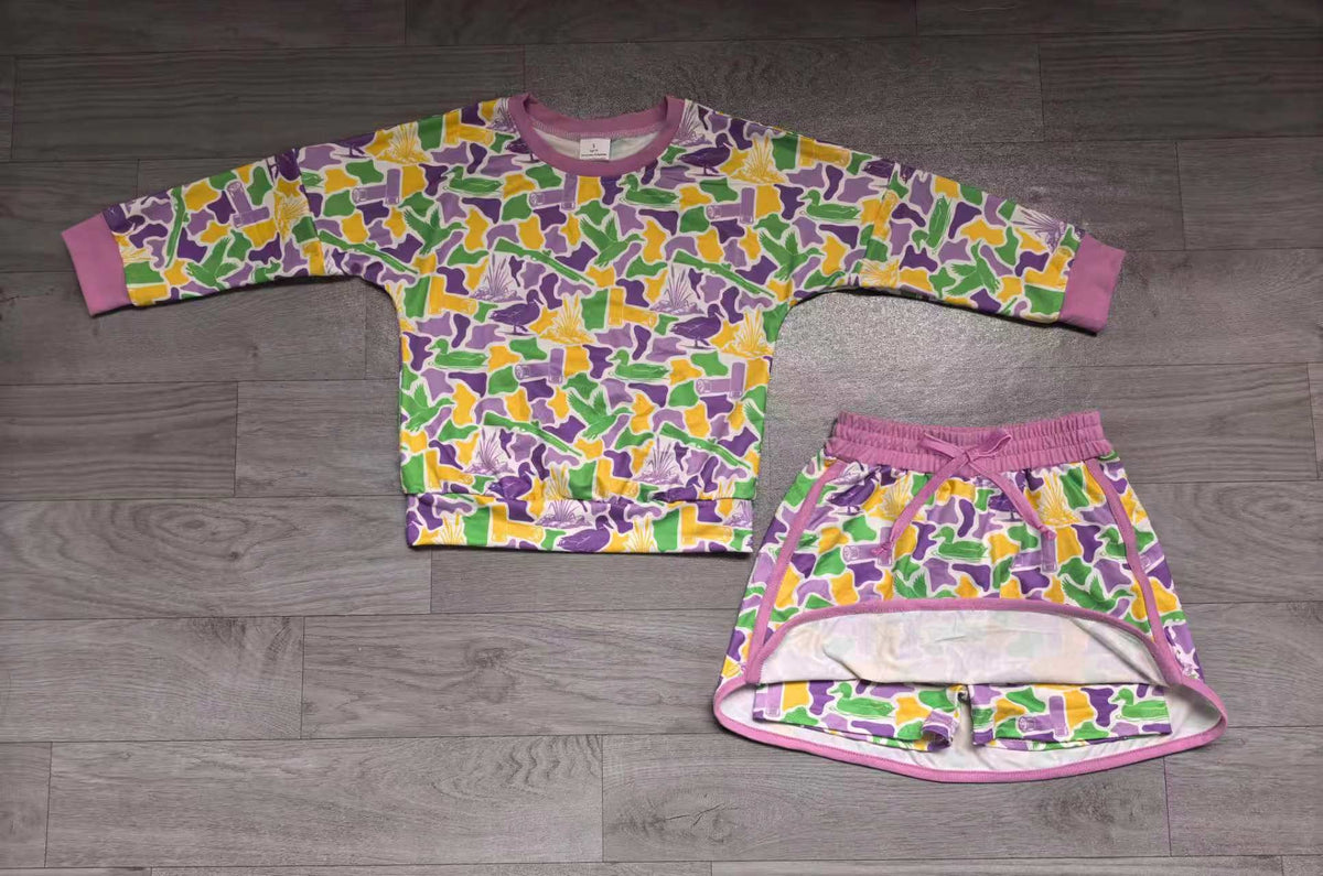 (Sample) No moq milk silk GLD1824 Baby Girls Camo Printed Long Sleeve Top Short Skirt Clothes Set