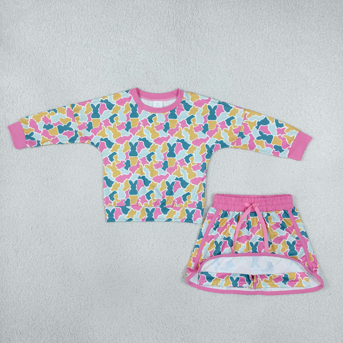 NEW RTS NO MOQ milk silk GLD1825 Baby Girls Cute Easter Bunny Camo Long Sleeve Top Skort Outfit Clothes Set