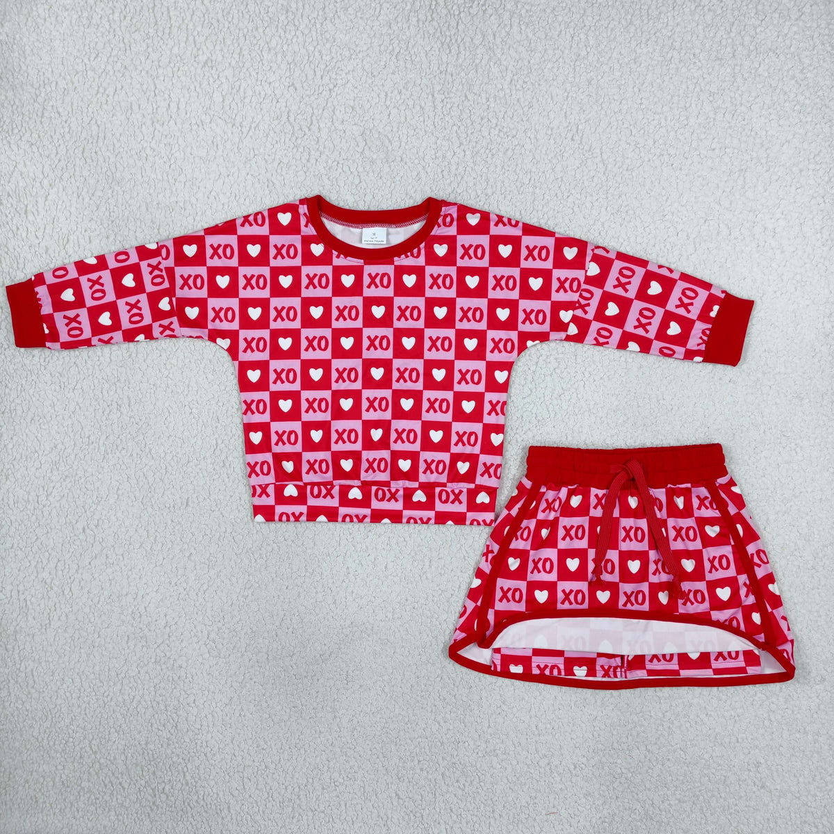 NEW RTS NO MOQ milk silk GLD1826 Baby Girls Valentines Hearts XOXO Checked Print Long Sleeve Top Skirt Short Clothes Set