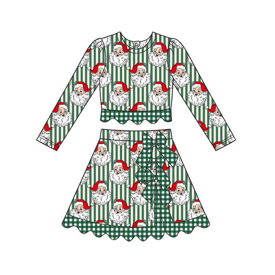 (Preorder new) No moq GLD1828 Yoga Baby Girls Green Stripe Santa Shirt Bows Skirt Short Yoga Active Scallop Set
