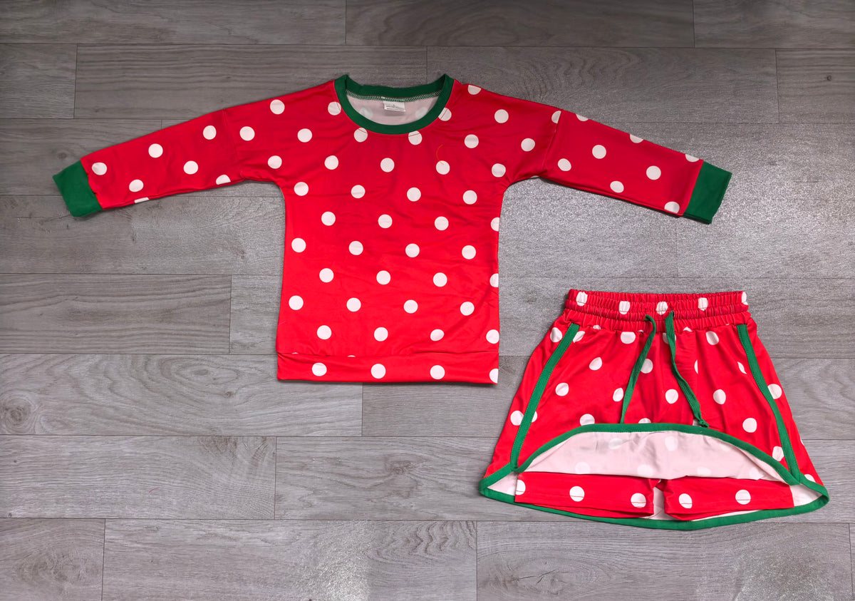 (Sample) No moq milk silk GLD1832 Baby Girls Red White Polka Dot Christmas Green Trim Long Sleeve Top Skort Set