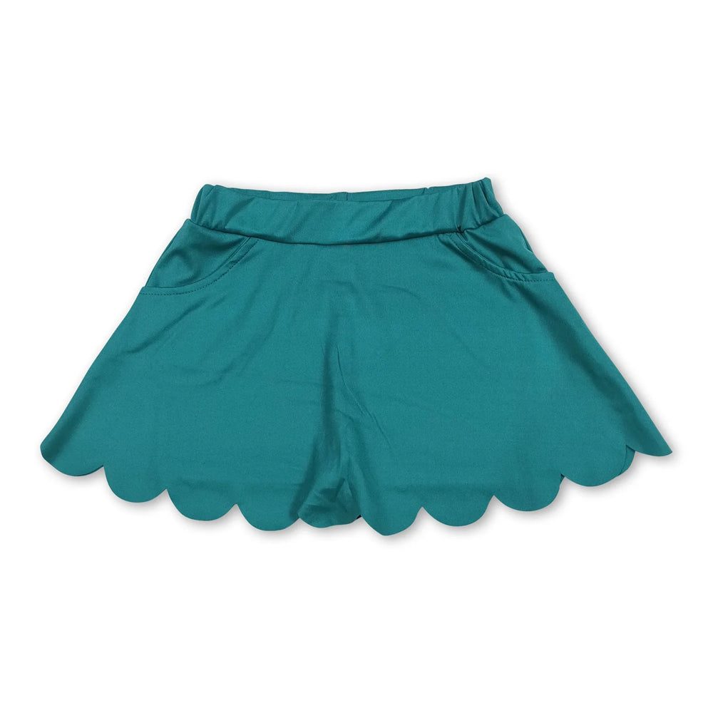 RTS NO MOQ Sibling yoga fabric cotton Baby Girls Solid Elastic Waist Pocket Scallop Hem Skirt Shorts