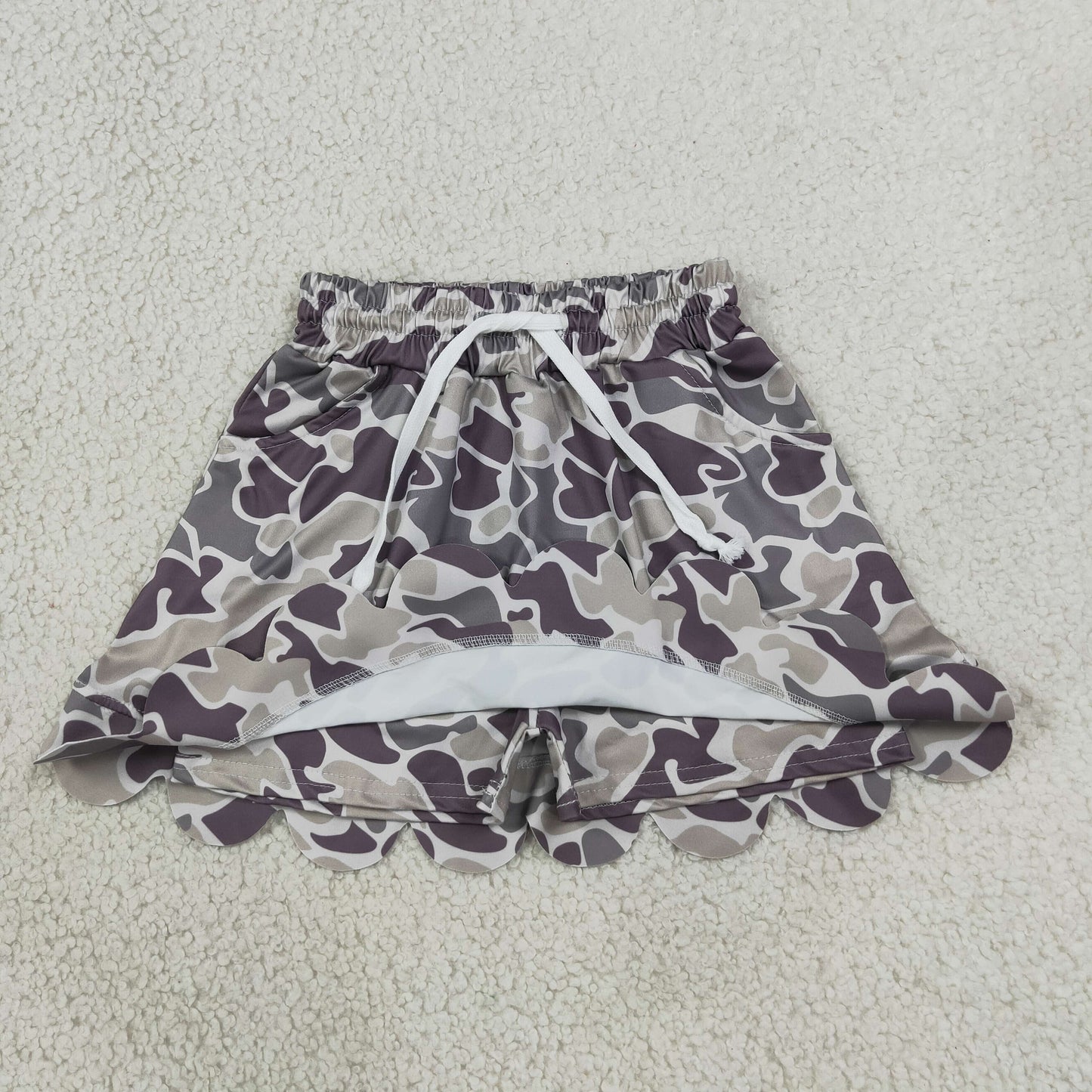 NEW RTS NO MOQ milk silk GLK0297 Baby Girls Grey Camo Scallop Pockets Skirt Shorts Bottom