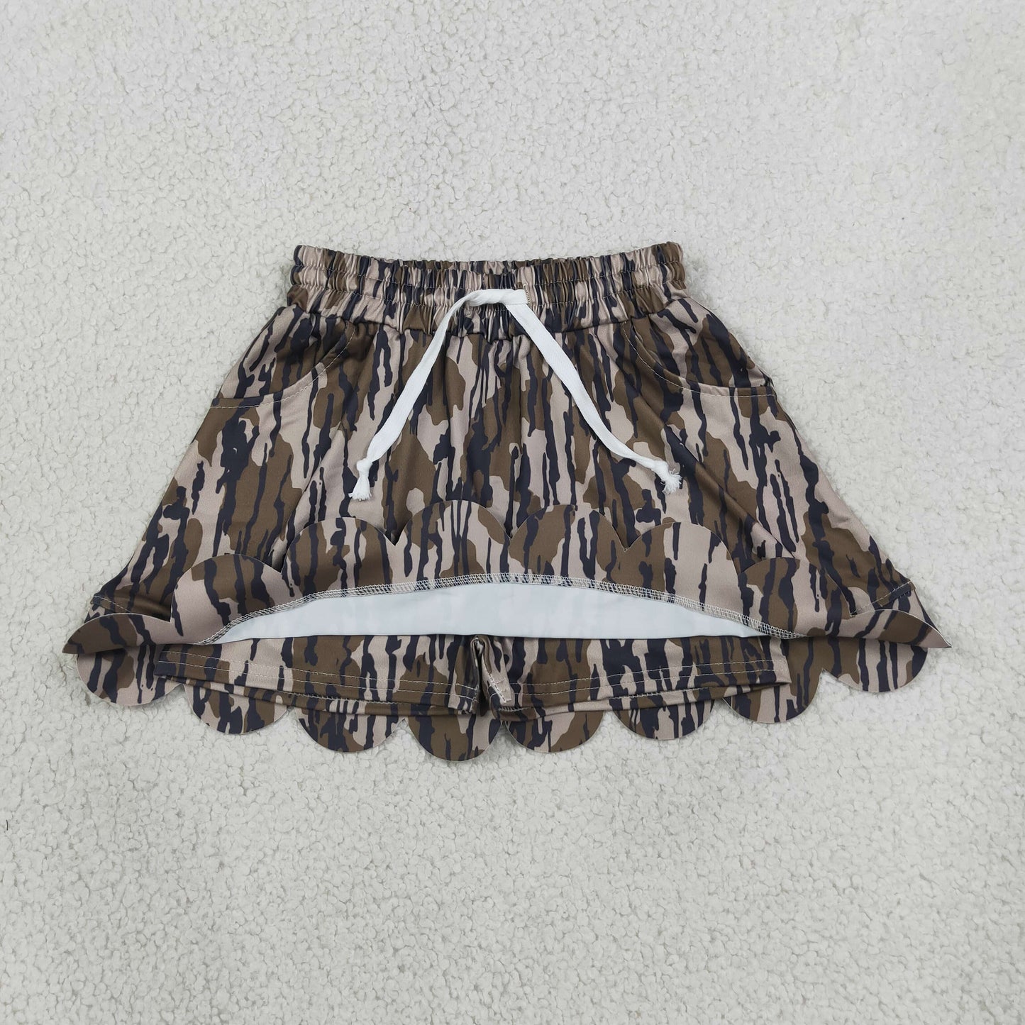 NEW RTS NO MOQ milk silk GLK0298 Baby Girls Southern Olive Wood Camo Scallop Pockets Skirt Shorts Bottom