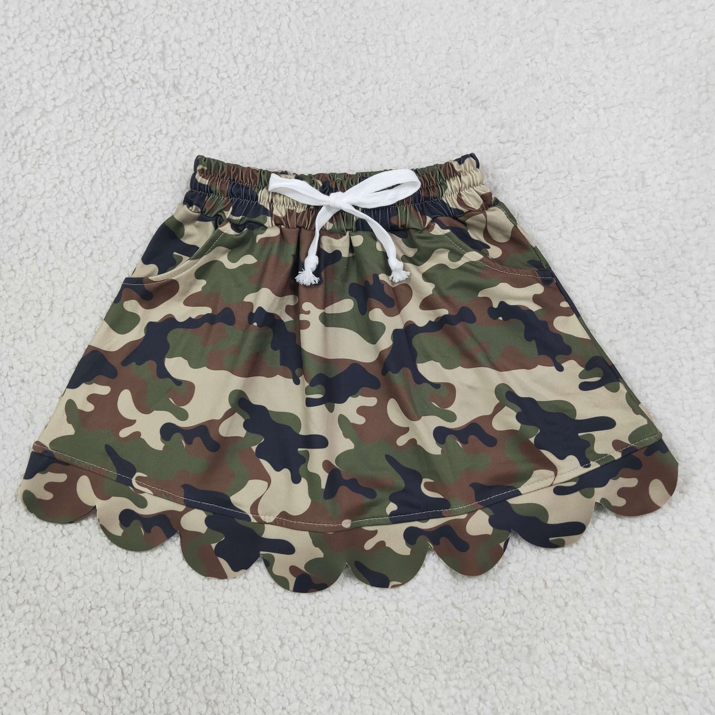 NEW RTS NO MOQ yoga fabric cotton GLK0303 Baby Girls Southern Green Camo Scallop Pockets Skirt Shorts Bottom