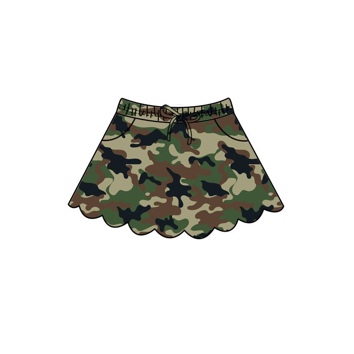 (Pre Order) No moq Baby Girls Casual Camo Short Sleeve Top Scallop Pockets Skirt Shorts Bottom Sets