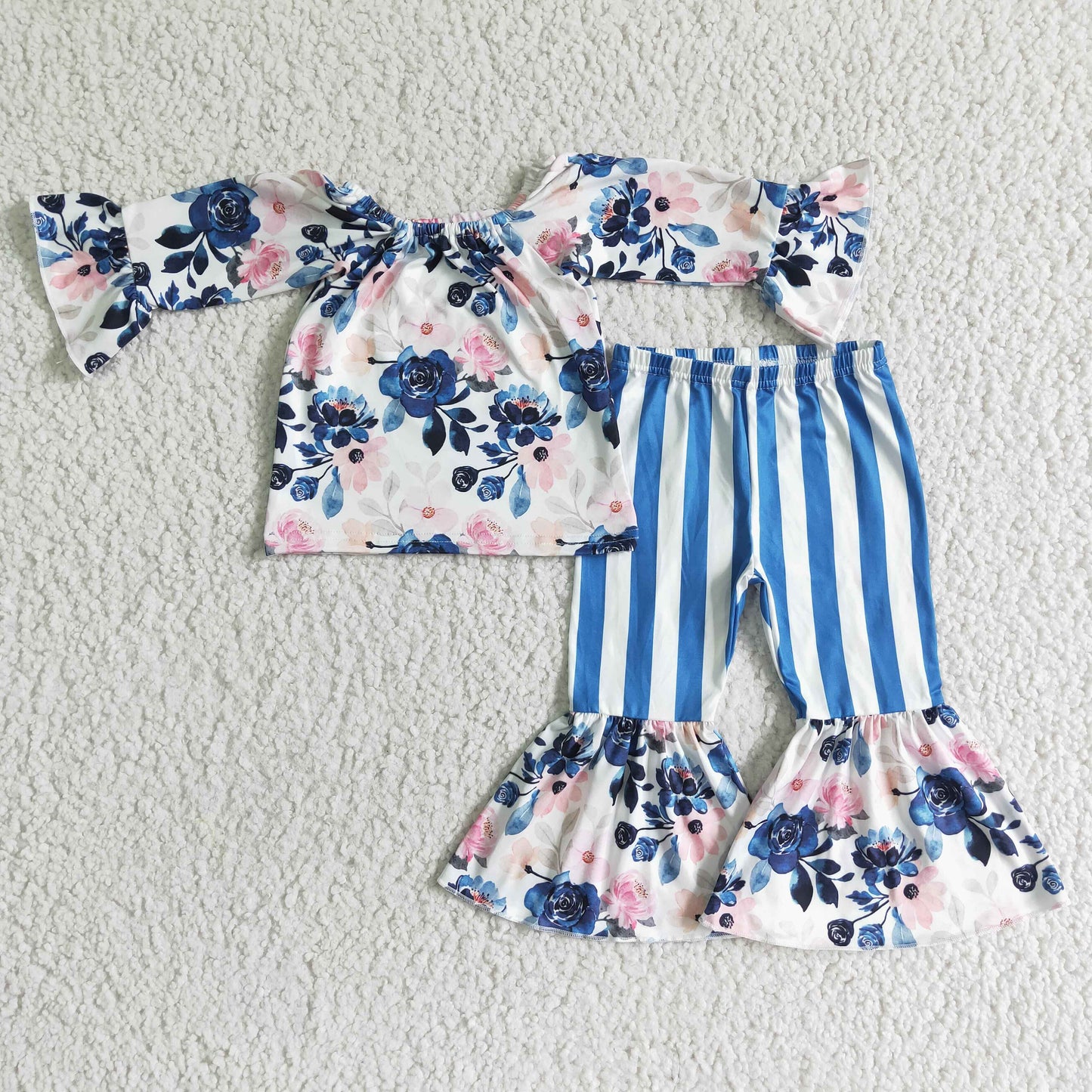 RTS NO MOQ(In Stock ) Girls floral long sleeve blue and white striped pants suit
