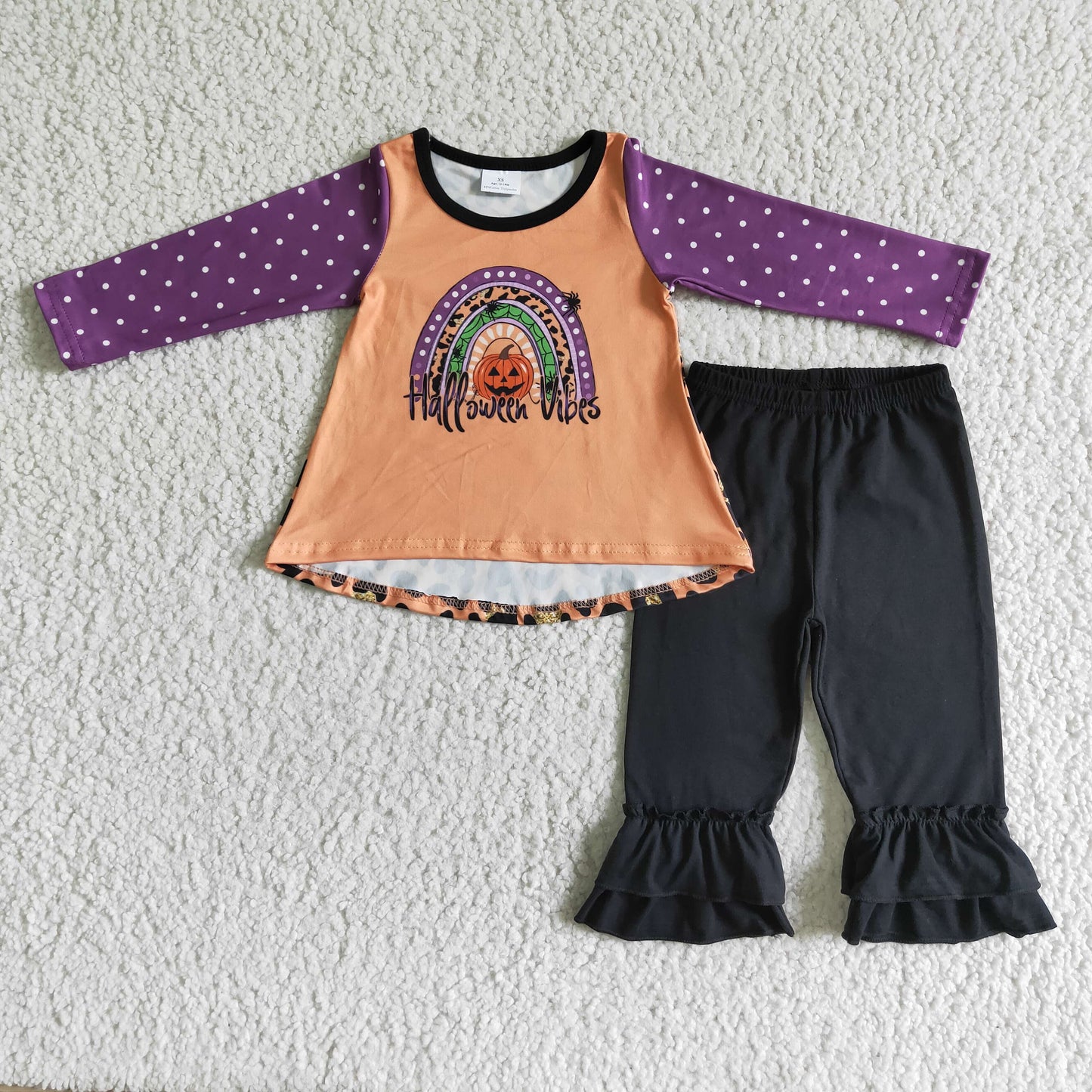 RTS NO MOQ ETA 5/7days GLP0049 Halloween pumpkin purple polka dot long-sleeved pants set