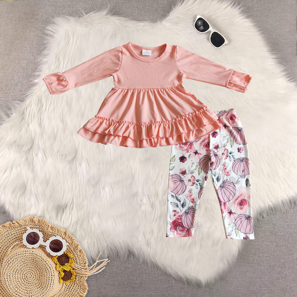 RTS NO MOQ Sibling Baby Girls clothes halloween pumpkin Long Sleeve Pants Set