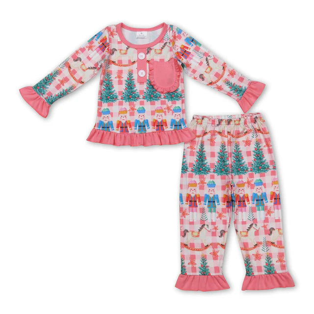 RTS NO MOQ Sibling milk silk Baby Girls Christmas Pocket Shirt Pants Pajamas Clothes Sets