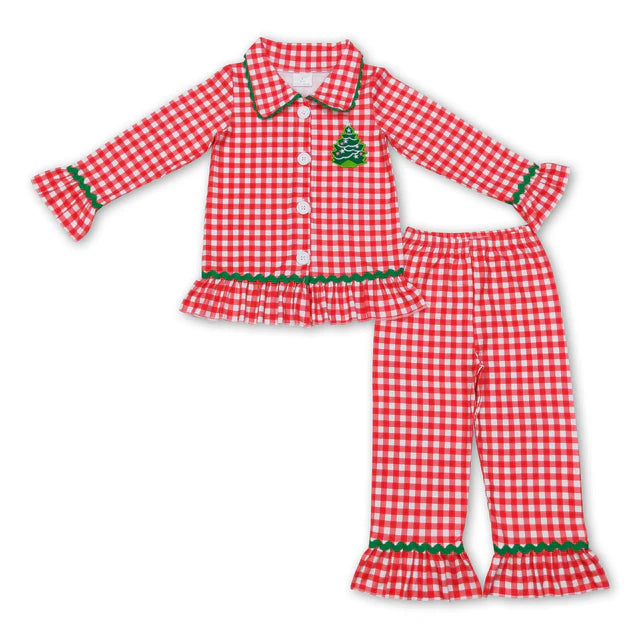 RTS NO MOQ Sibling milk silk Baby Girls And Boys Christmas Tree Button Top And Pants Pajama Set