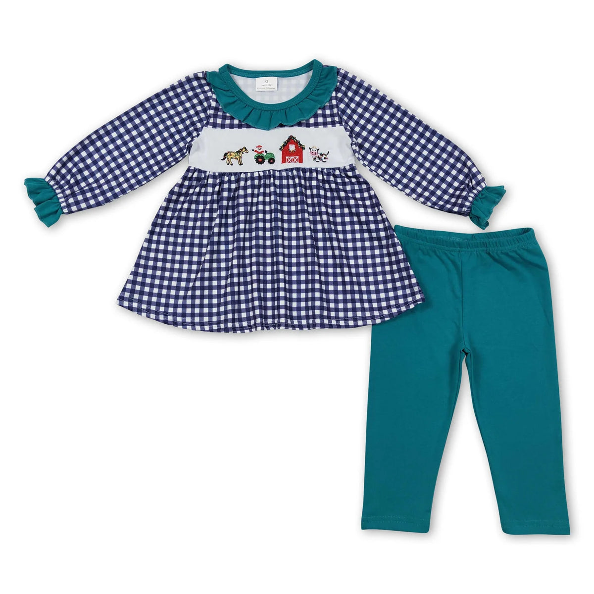 RTS NO MOQ Sibling Baby girl boy clothes embroidery farm animal house Long Sleeve Pants Sets