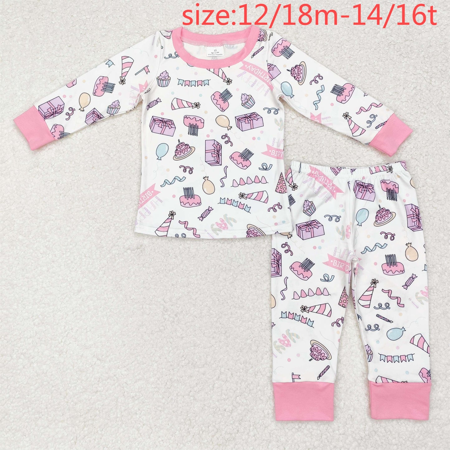 RTS NO MOQ(In Stock) Happy birthday birthday cake pink white long-sleeved trousers pajamas set