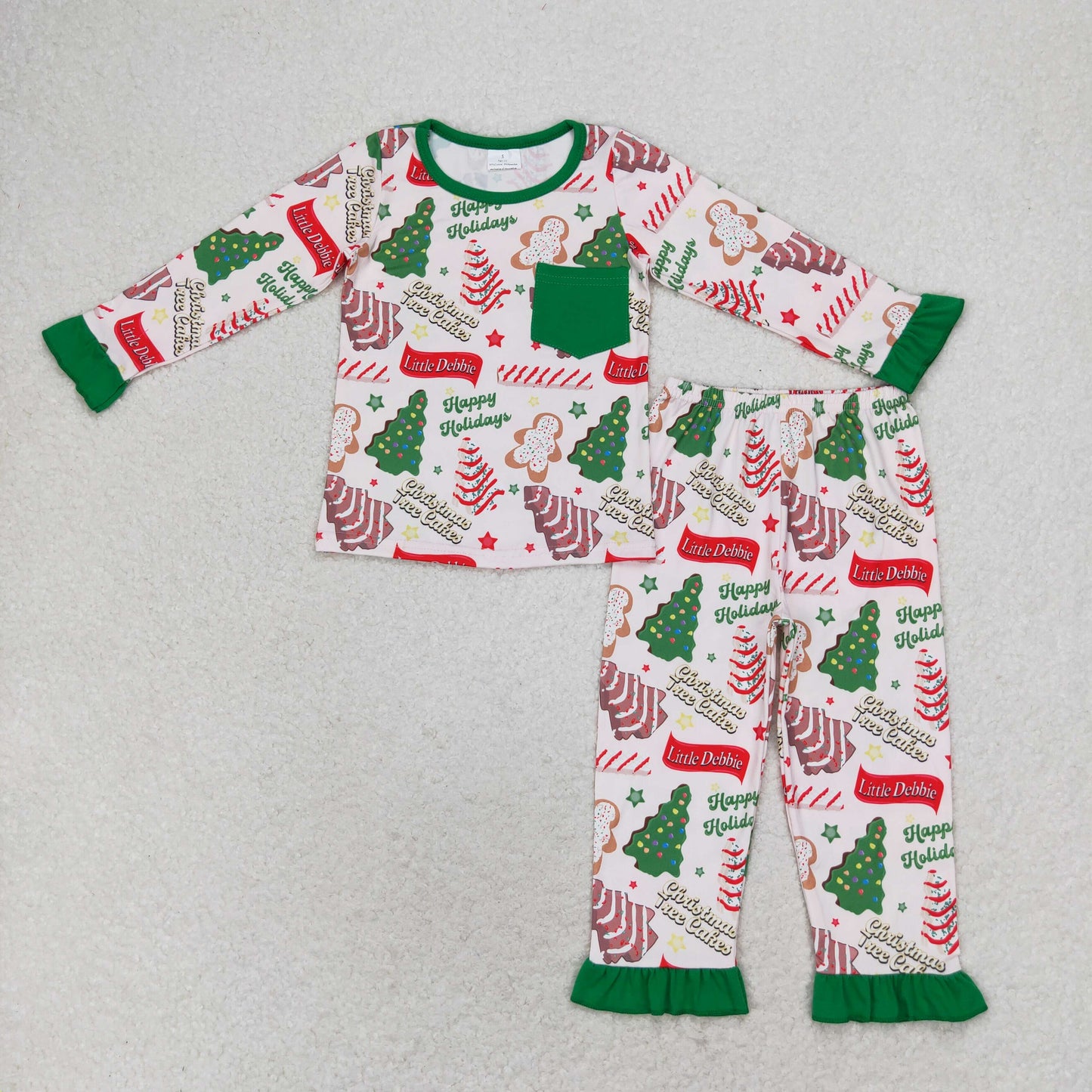 RTS NO MOQ(In Stock) GLP1229 Happy holidays Christmas tree cookie green pocket lace long-sleeved trousers pajama set